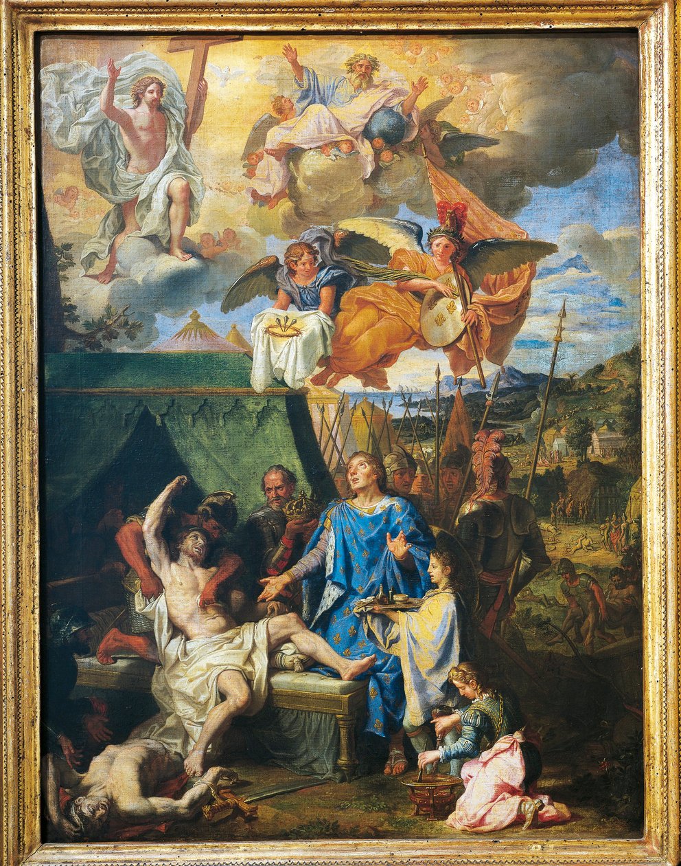Taumaturgia: „Król Ludwik IX uzdrawiający żołnierzy dotkniętych zarazą (olej na płótnie) autorstwa Louis Licherie de Beurie