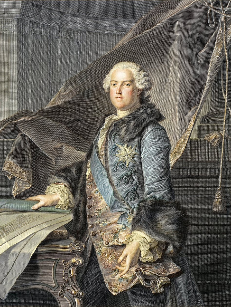 Abel Francois Poisson de Vandieres (1727-81) markiz de Marigny - dyrektor budynków królewskich; brat Madame de Pompadour - Portret Abla-Francois (Abel Francois) Poisson, monsieur de Vandieres, markiz de Marigny, dyrektor generalny Batim autorstwa Louis M. (after) Tocque