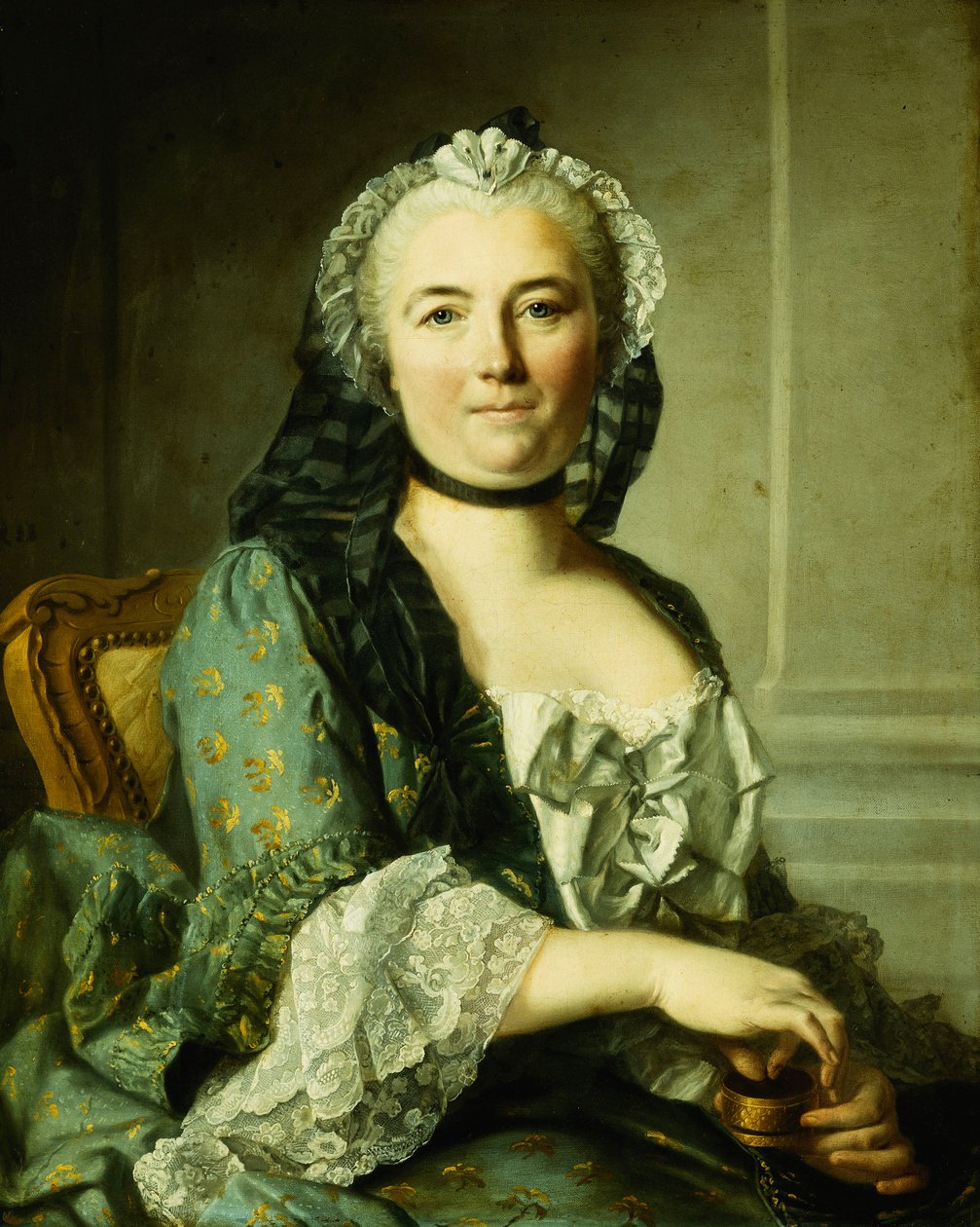Portret damy siedzącej w połowie długości z tabakierką, autorstwa Louis Tocqué