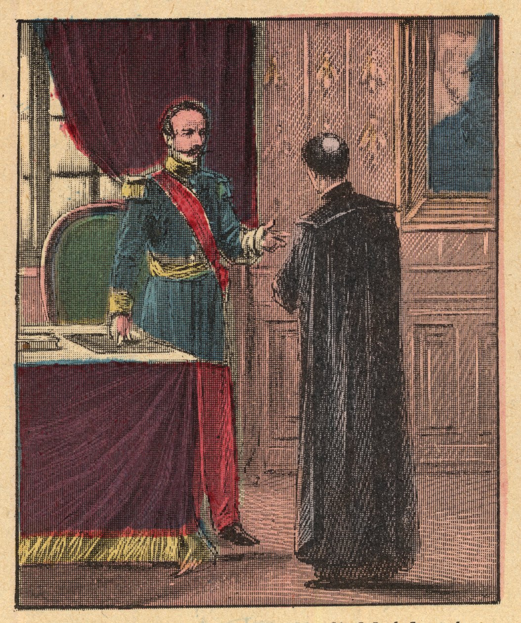 Napoleon III i Louis-Gaston de Segur (Louis Gaston de Segur) (1820-1881) Francuski biskup w Elysee - - Grawerowanie z „” Nauka religii oczami. Cudowny album” Louisa Maitrejeana i Georgeta Ramonda - Francja 1910 autorstwa Louis Maitrejean