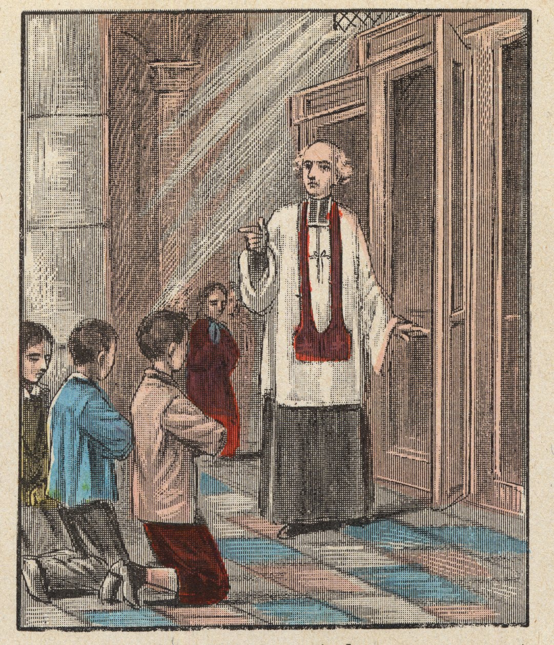 Przygotowanie do komunii - Katechizm - (Pierwsza komunia) Przygotowanie do komunii - - Grawer z „Nauczanie religii oczami. Cudowny album” Louisa Maitrejeana i Georgeta Ramonda - Francja 1910 autorstwa Louis Maitrejean