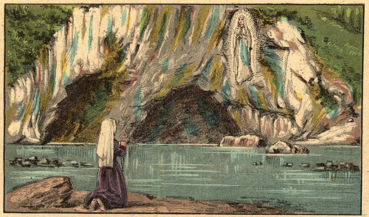 Objawienie Dziewicy Maryi w Lourdes - Matka Boża ukazuje się Bernadetcie Soubirous (1844-1879) w Lourdes w 1858 r. - - Grawerowanie z „” Nauka religii oczami. Cudowny album” Louisa Maitrejeana i Georgeta Ramonda - Francja 1910 autorstwa Louis Maitrejean