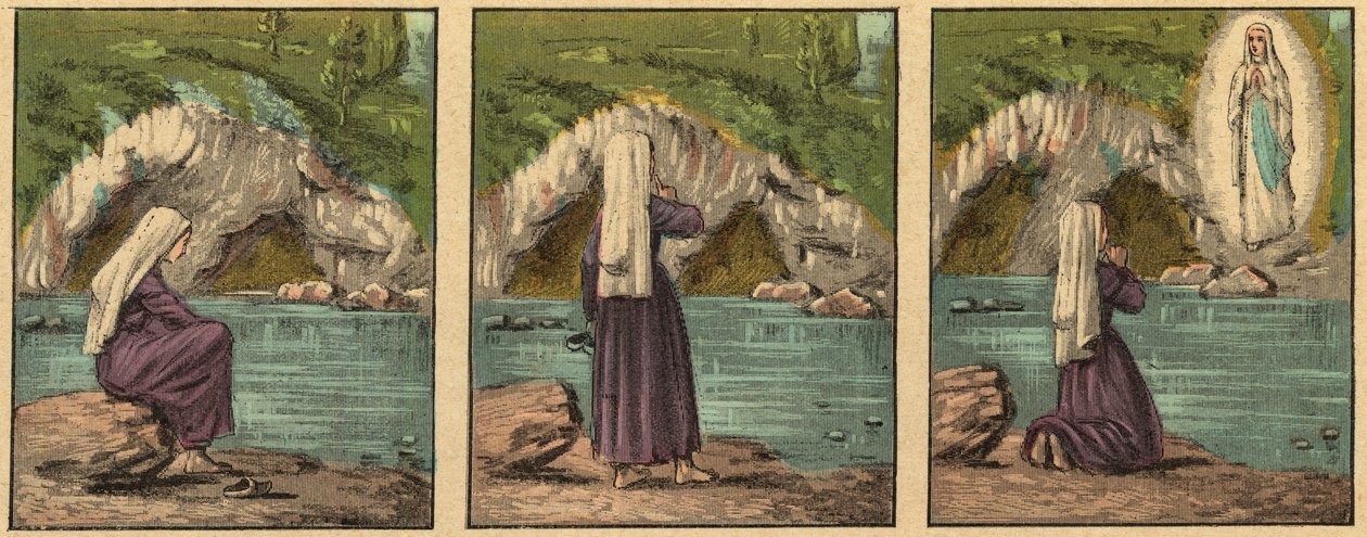 Objawienie Dziewicy Maryi w Lourdes - Matka Boża ukazuje się Bernadetcie Soubirous (1844-1879) w Lourdes w 1858 r. - - Grawerowanie z „” Nauka religii oczami. Cudowny album” Louisa Maitrejeana i Georgeta Ramonda - Francja 1910 autorstwa Louis Maitrejean