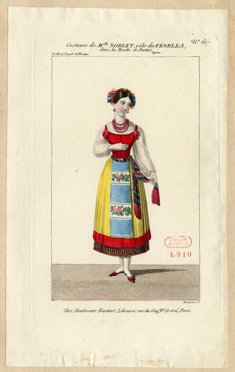 Panna Noblet jako Fenella. Projekt kostiumu do opery La muette de Portici, 1828. autorstwa Louis Maleuvre