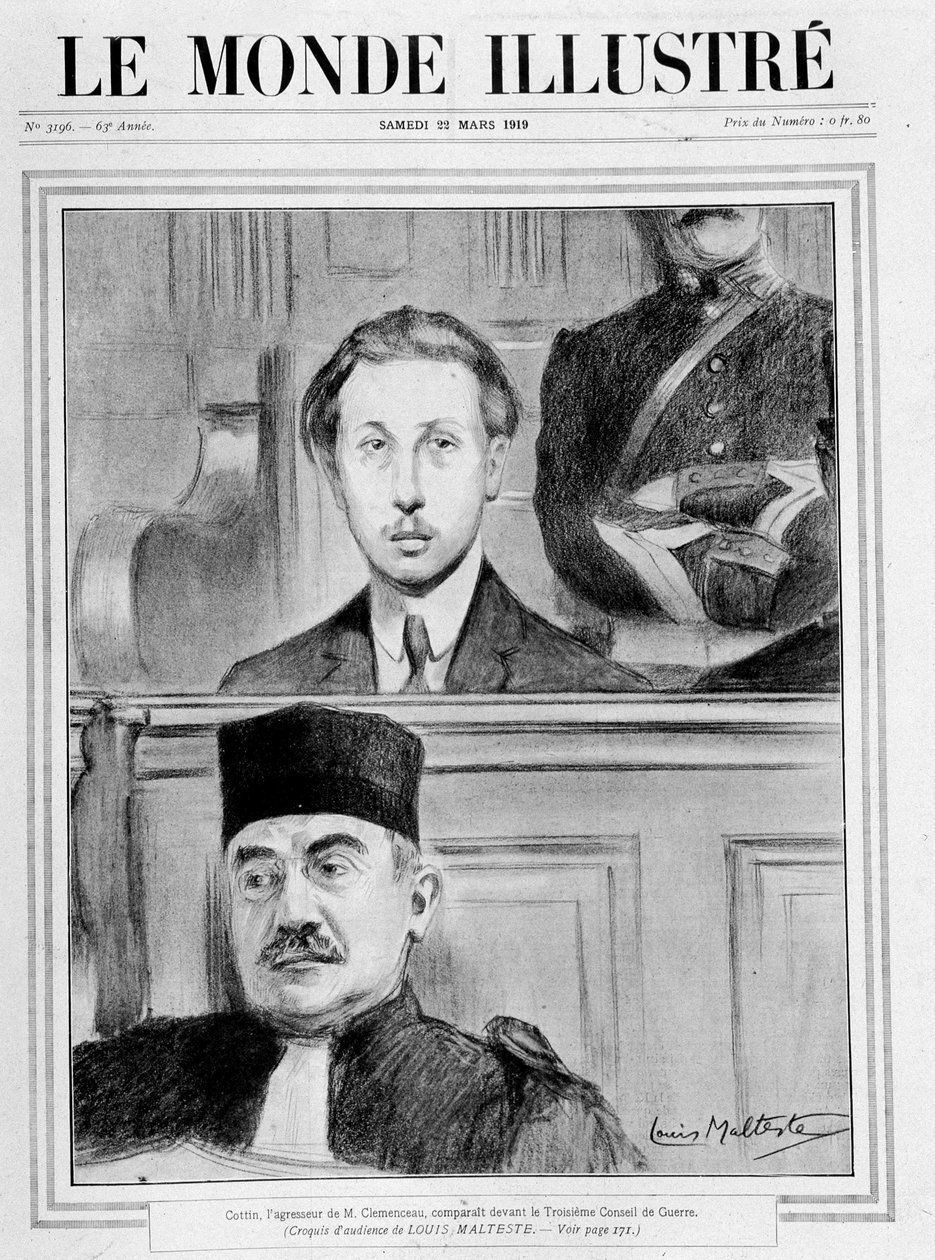 Scena wyroku. „” Eugene Cottin, agresor Georgesa Benjamina Clemenceau, pojawił się przed III Soborem Wojennym”” (szkic publiczności Louisa Malteste) – w „Le Monde Illustré” z 15.02.1919 autorstwa Louis Malteste