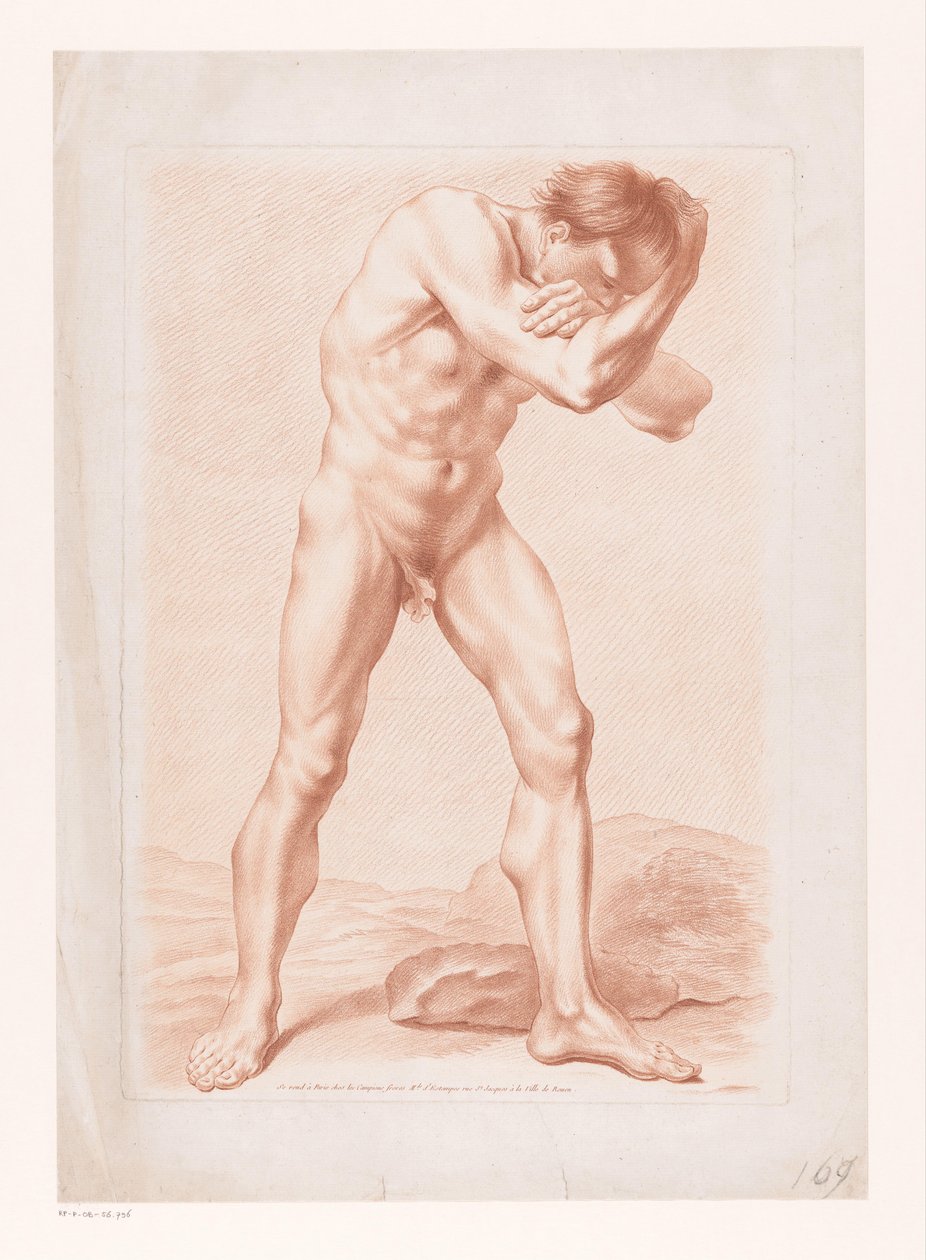 Stojący nagi mężczyzna z rękoma założonymi wokół głowy autorstwa Louis Marin Bonnet (attributed to)