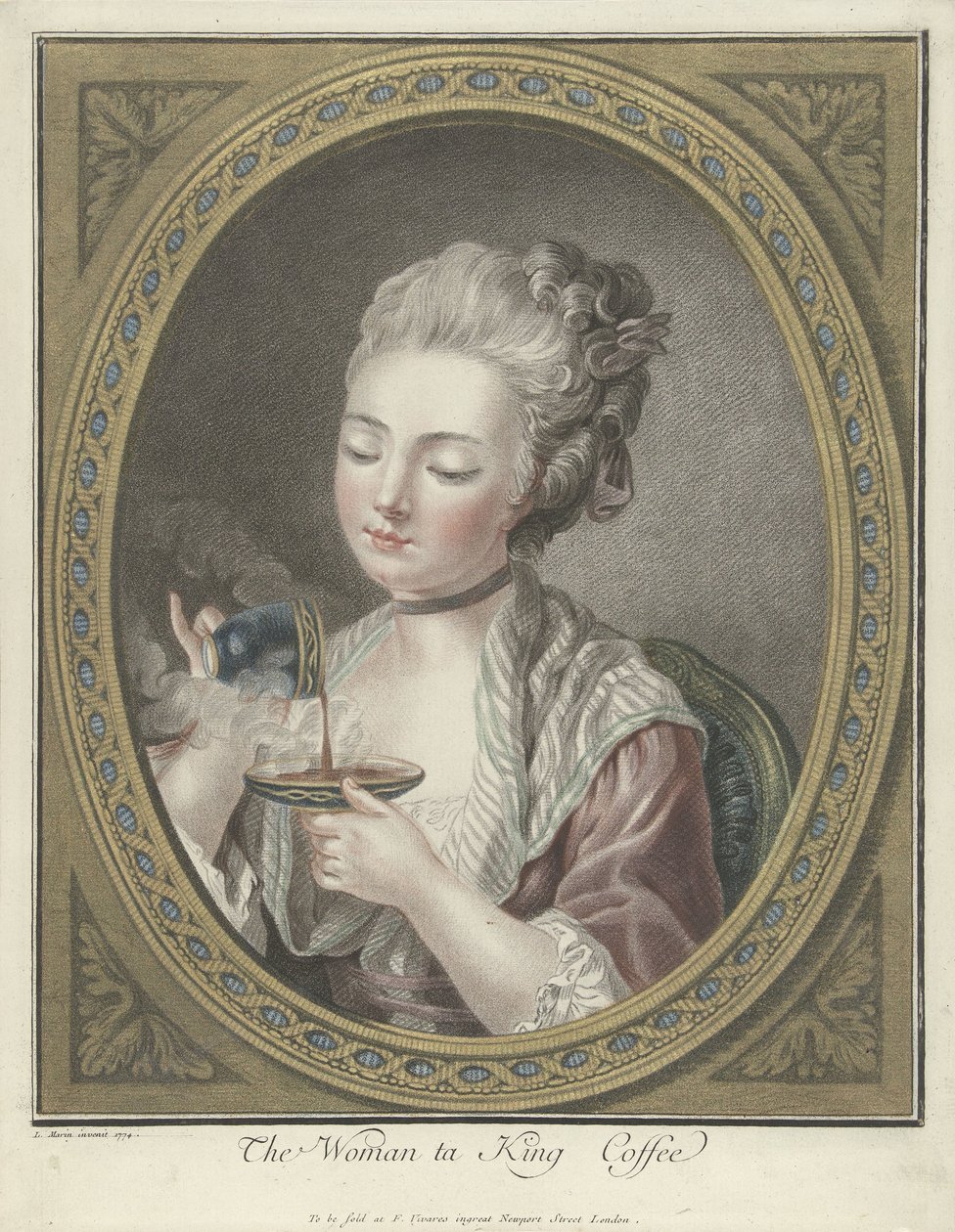 Popiersie młodej kobiety pijącej kawę The Woman ta King Coffee (tytuł na obiekcie) autorstwa Louis Marin Bonnet