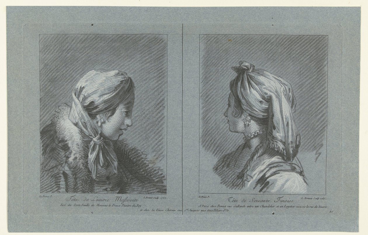 Portret moskiewskiej dojarki i fińskiej pokojówki Tête de laitiere Moscovite (tytuł na obiekcie) Tête de Servante Finoise (tytuł na obiekcie) autorstwa Louis Marin Bonnet