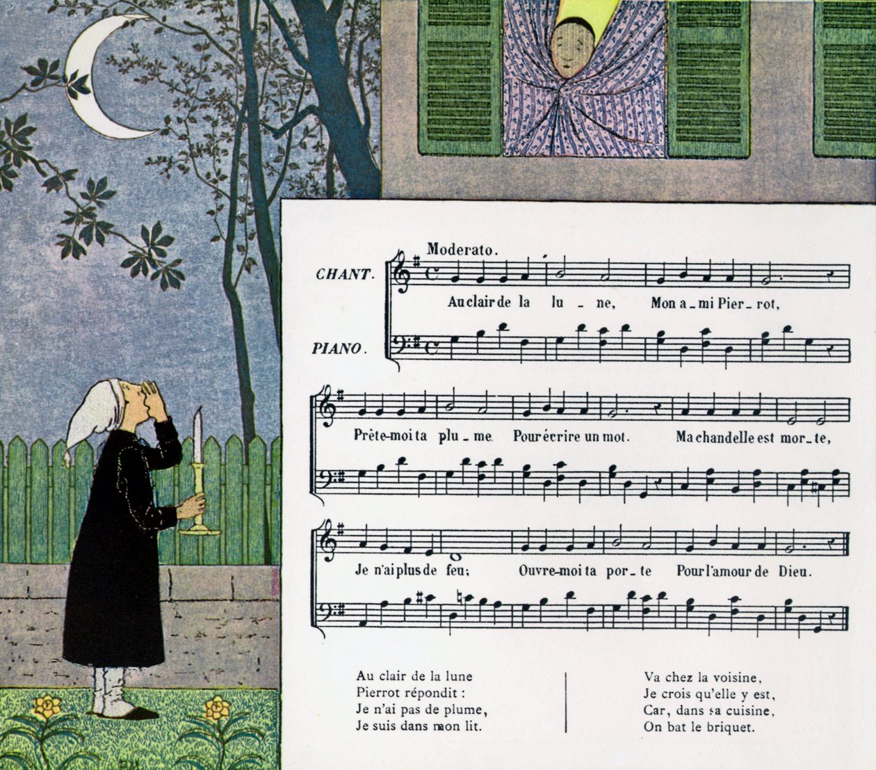 Partytura i ilustracja do dziecięcej piosenki „At Moonlight” autorstwa Louis Maurice Boutet de Monvel