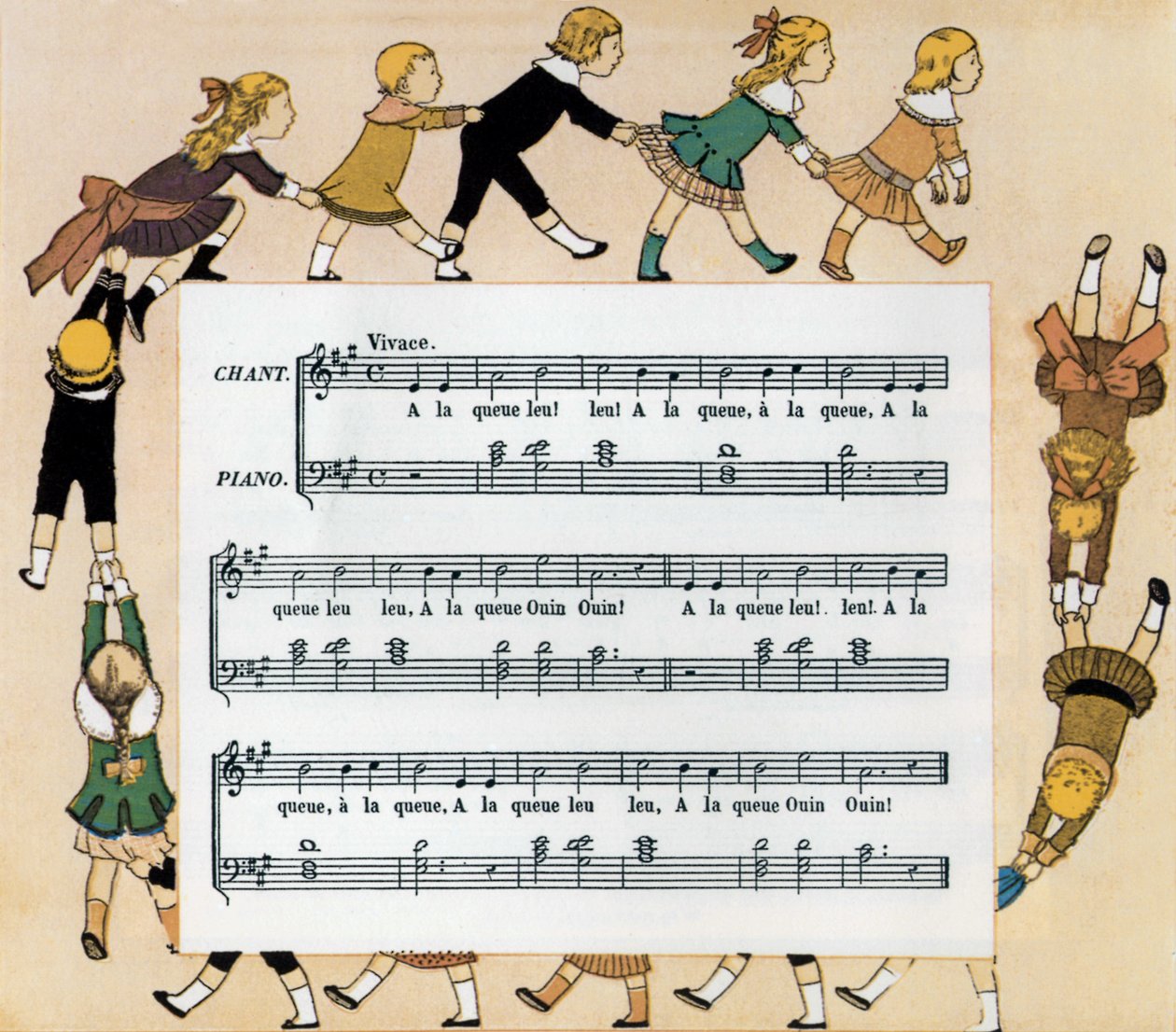 Partytura i ilustracja dziecięcej piosenki „In Single File” autorstwa Louis Maurice Boutet de Monvel