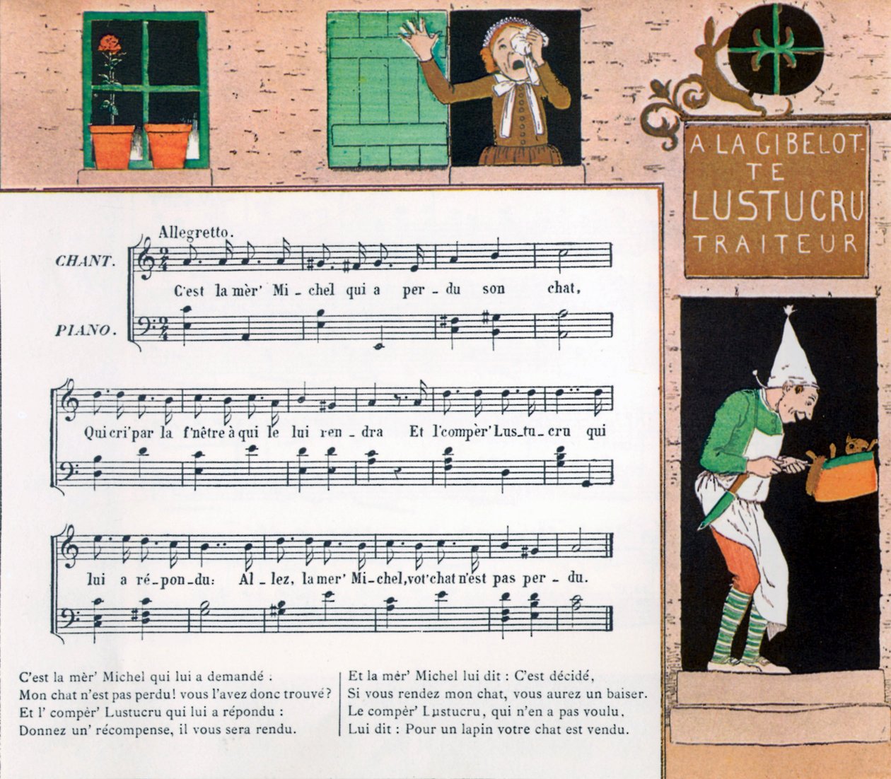 Partytura i ilustracja piosenki dziecięcej La mere Michel autorstwa Louis Maurice Boutet de Monvel