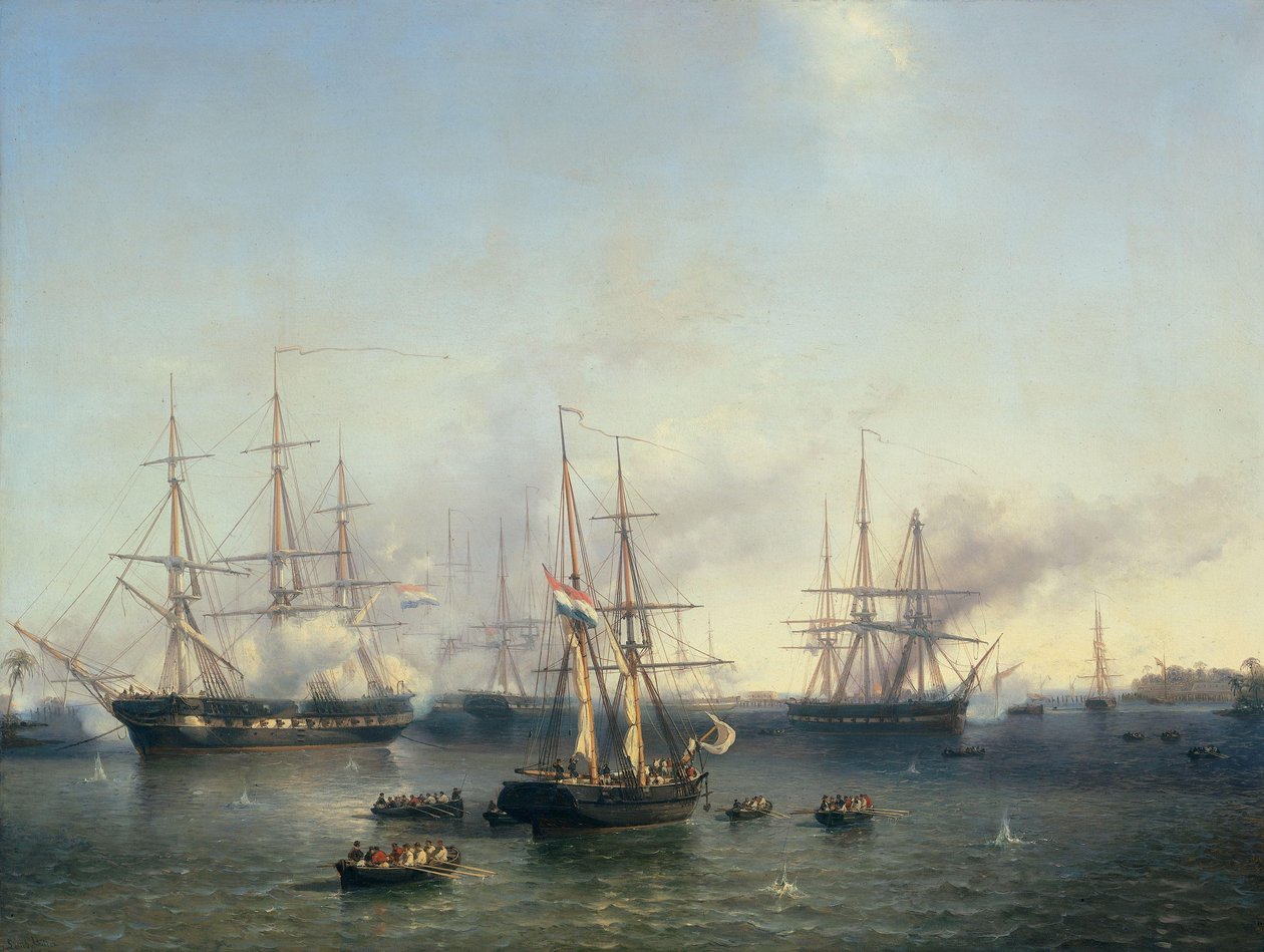 Podbój Palembang na Sumatrze w Indonezji przez generała porucznika De Kocka, 24 czerwca 1821 r. autorstwa Louis Meijer (signed by artist)