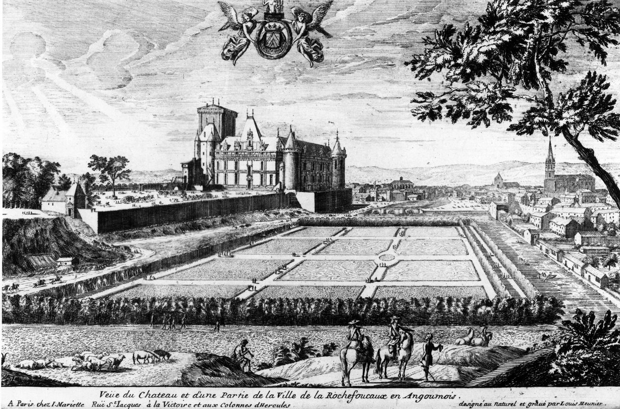 Chateau de la Rochefoucauld w Liancourt; rycina Louisa Meniera - Archiwum rodzinne. autorstwa Louis Meunier