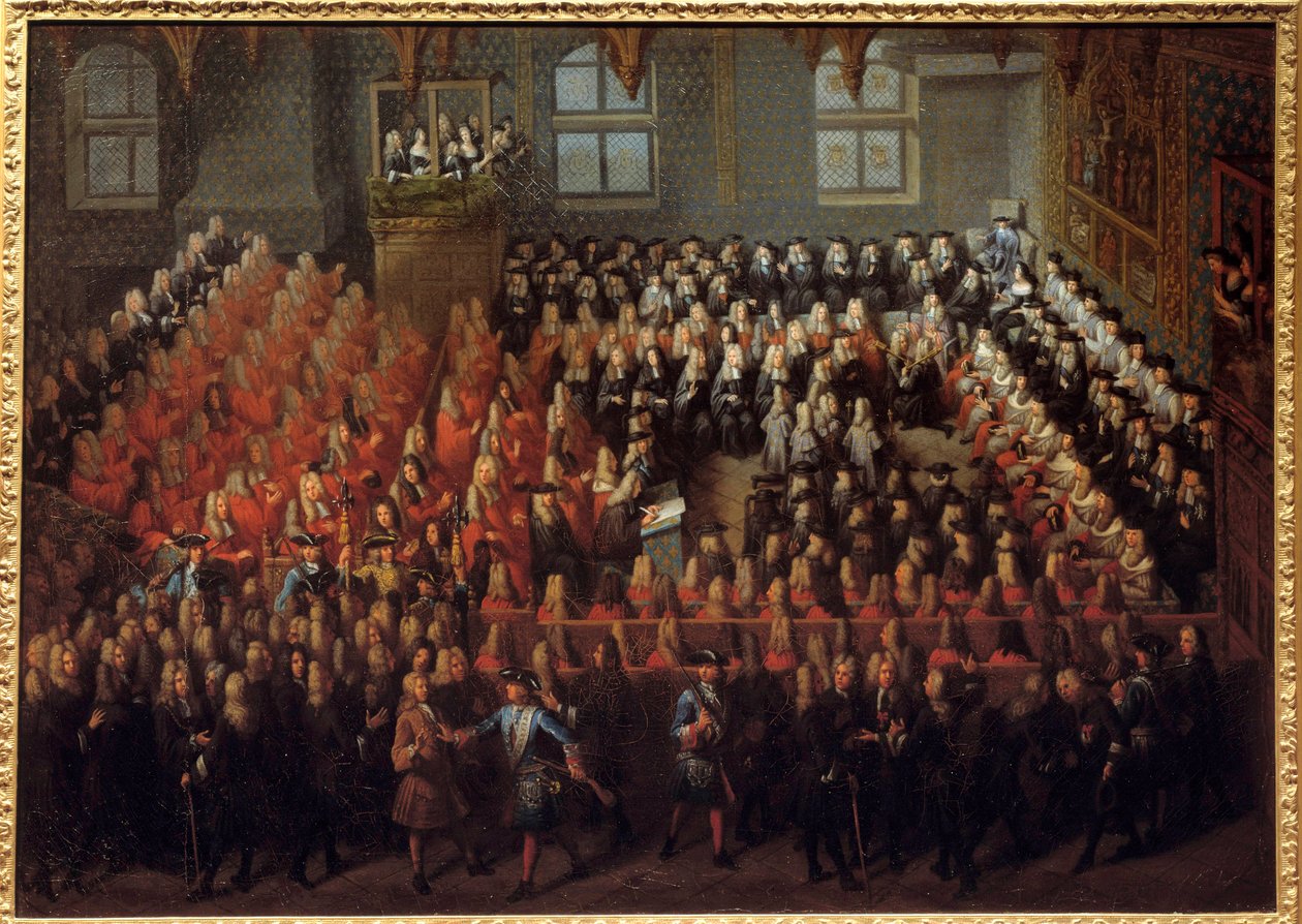 Łoże sprawiedliwości przetrzymywane przez Ludwika XV (1710-1774) w Wielkiej Izbie Parlamentu Paryskiego w celu złamania woli Ludwika XIV (1638-1715) autorstwa Louis Michel Dumesnil