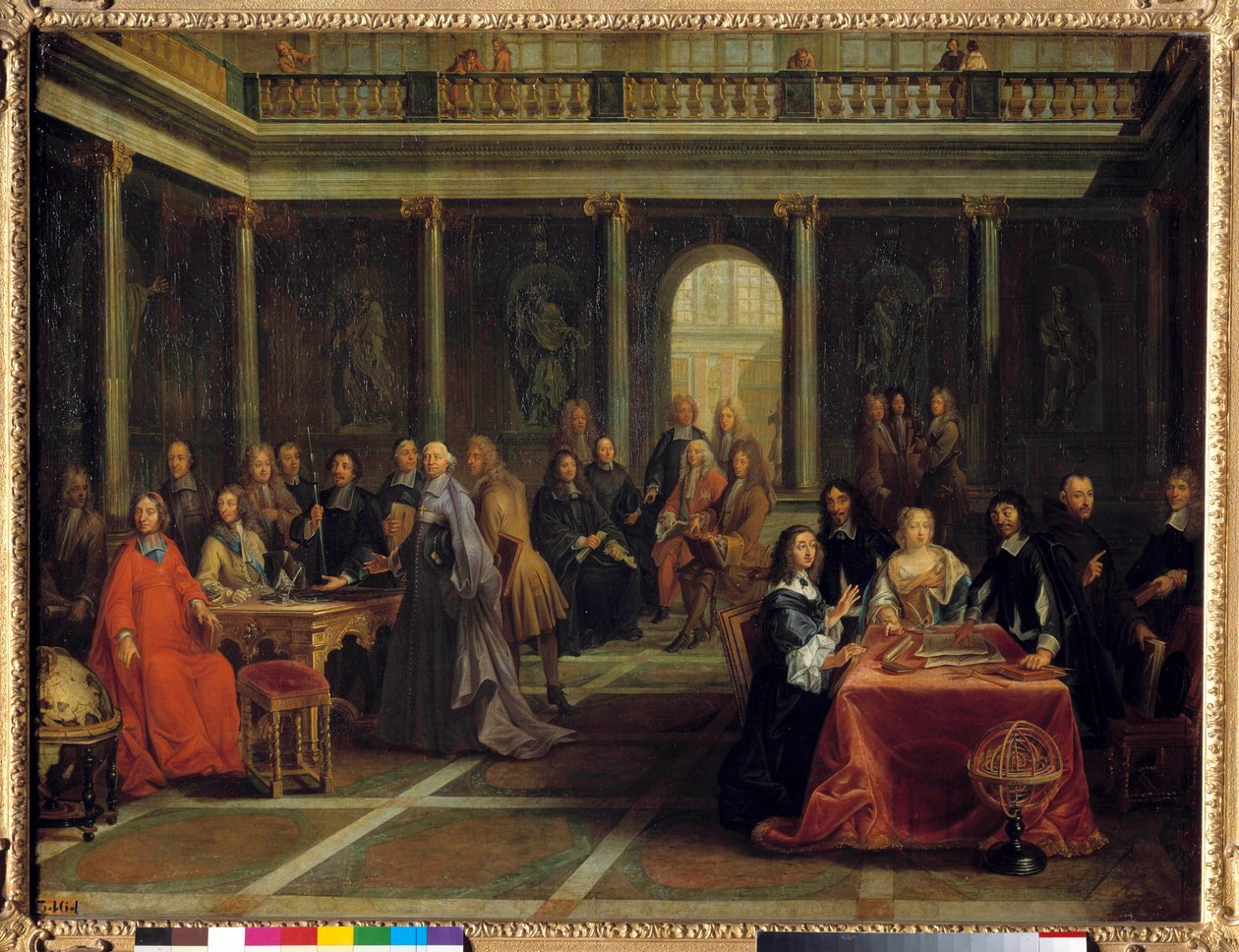 Królowa Szwedzka Krystyna, otoczona swoim dworem, słucha, jak filozof Rene Descartes robi demonstrację geometrii; w obecności Księcia Conde, Elisabeth de Baviere Princess Palatine i Ojca Mersenne