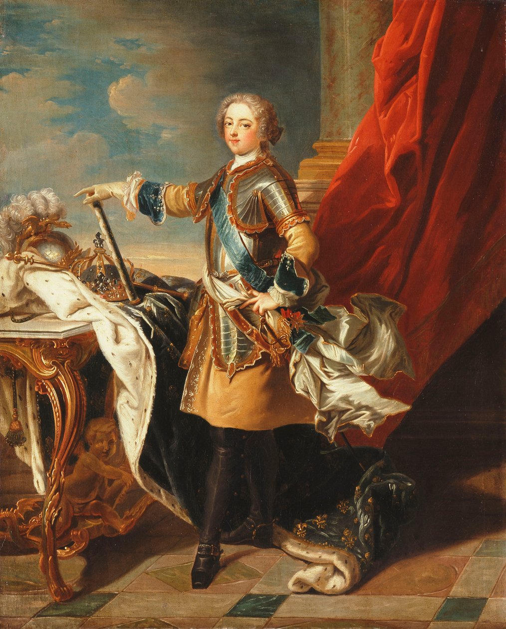 Portret króla Ludwika XV, pełnometrażowy, w pół zbroi, autorstwa Louis Michel van Loo