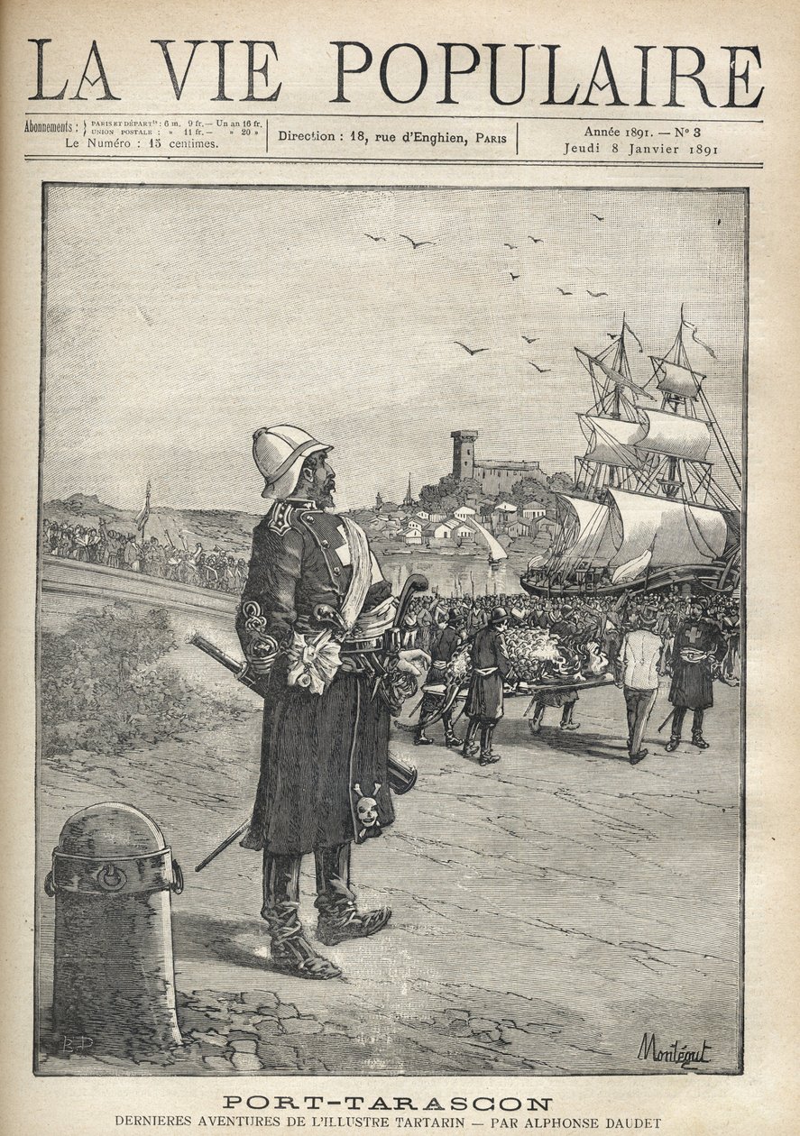 Mężczyzna obserwujący zbezczeszczenie Tarasque w porcie wyspy Port Tarascon. Ilustracja Monteguta do „Port-Tarascon” Alphonse