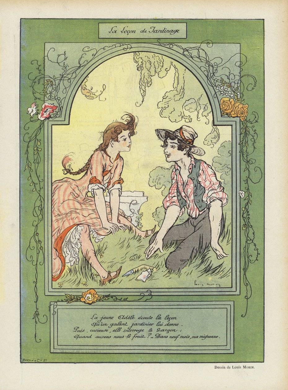 Lekcja ogrodnictwa. Ilustracja dla Le Rire (kolorowa litografia) autorstwa Louis Morin