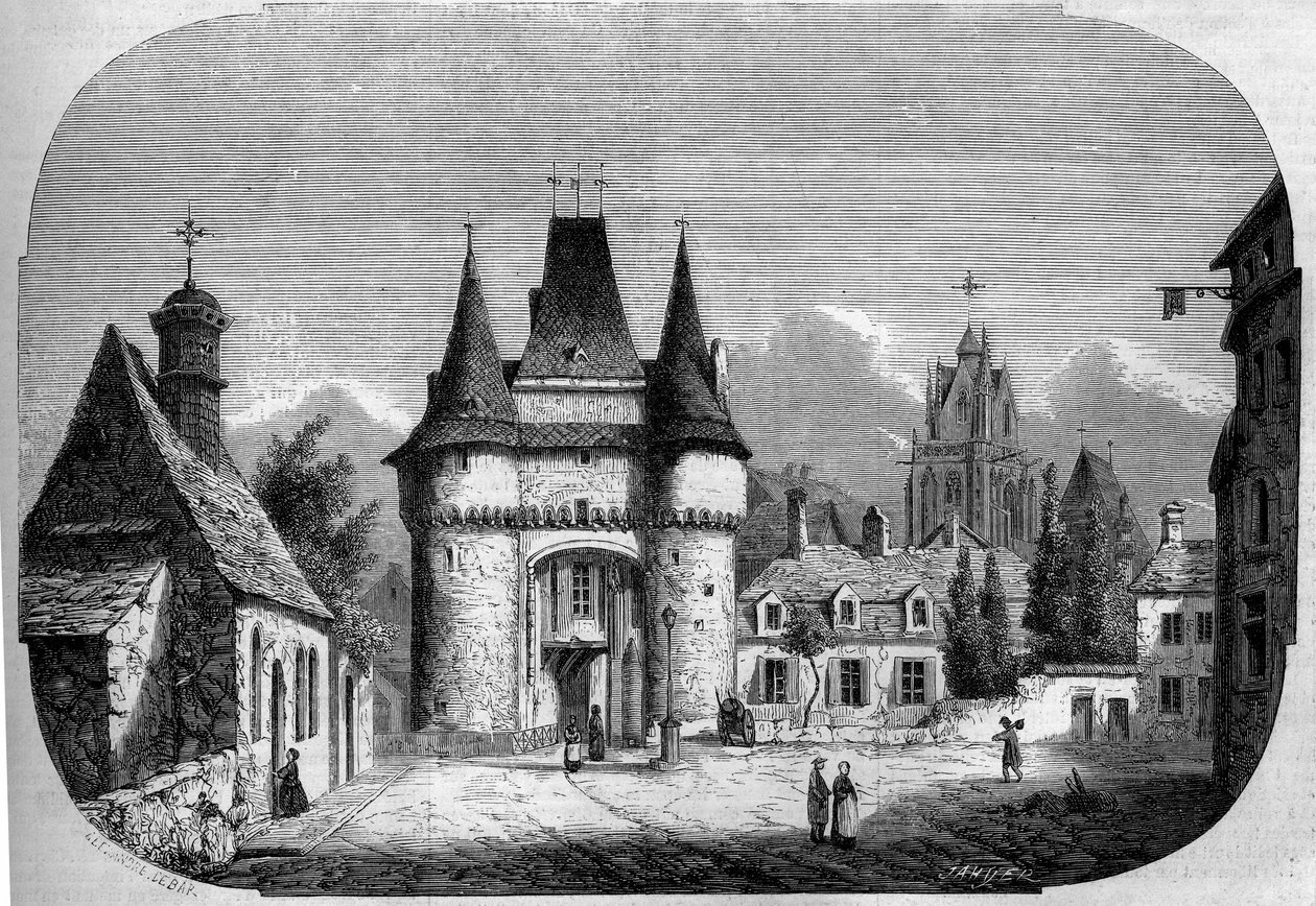 Architektura: widok na bramę Saint Julien (1460-1483), w tle widok na gotycki kościół Notre Dame des Marais (1450-1623). La Ferte Bernard, Sarthe (72) autorstwa Louis Moullin