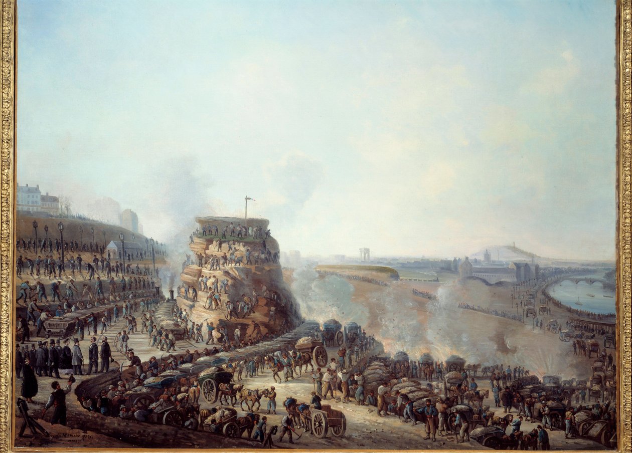 Przemiany Paryża w okresie II Cesarstwa, Haussmann Paryż. „”Wizyta cesarza Napoleona III (1808-1873) i Impress Eugenii (1826-1920) na placu budowy zawalenia się wzgórza Chaillot”””Ten plac budowy jest jednym z ważniejszych autorstwa Louis Moullin