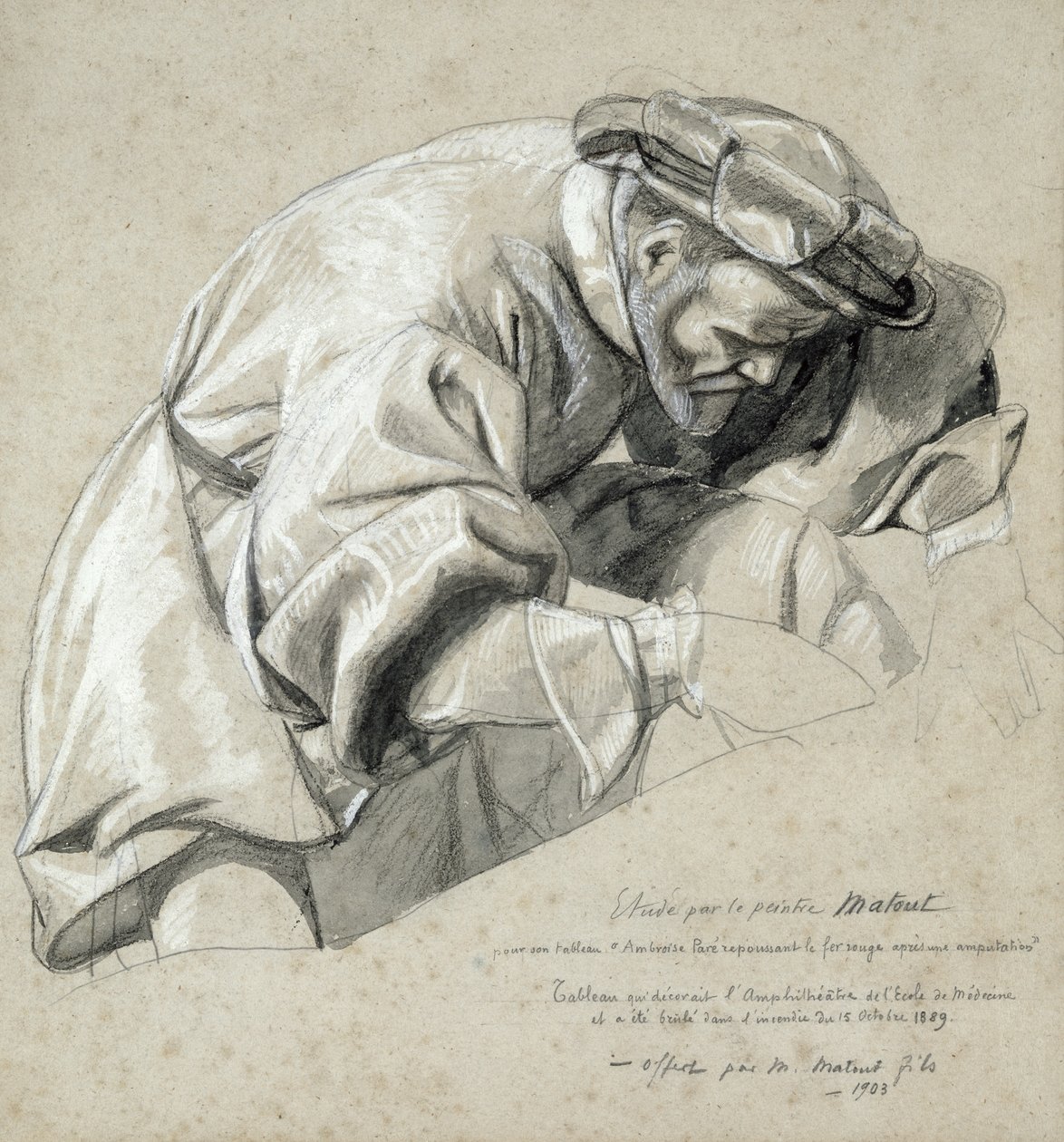 Studium Ambroise Pare (ok. 1510-90), "ojca nowoczesnej chirurgii" (węgiel drzewny i biała kreda na papierze) autorstwa Louis Nicolas Matout
