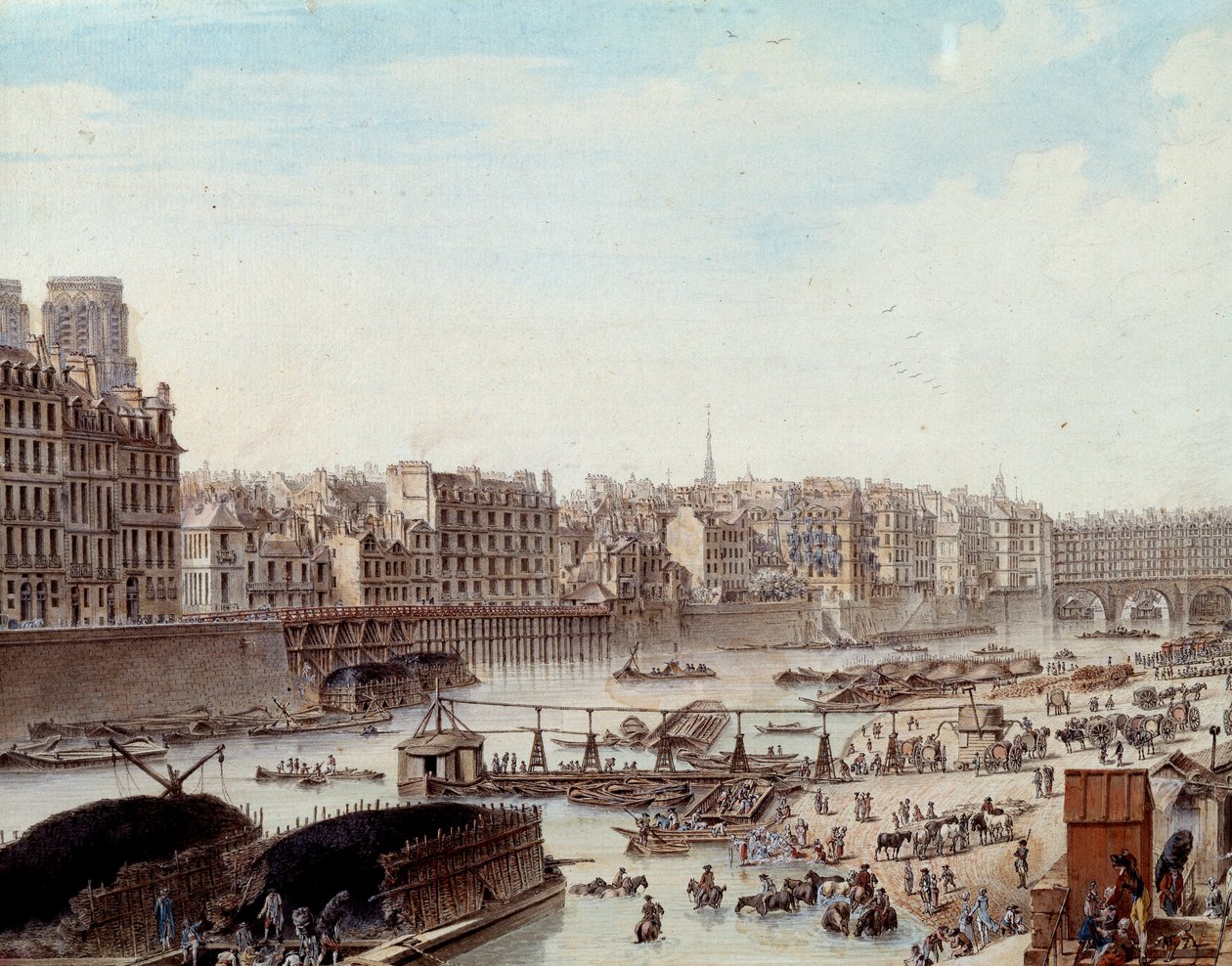 Życie morskie w dokach Portu w Paryżu w 1782 roku Peniches i działalność handlowa na Sekwanie. Szczegół. Rysunek Louis de Lespinasse (1734-1808) 1782. Paryż, Musee Carnavalet autorstwa Louis Nicolas de Lespinasse