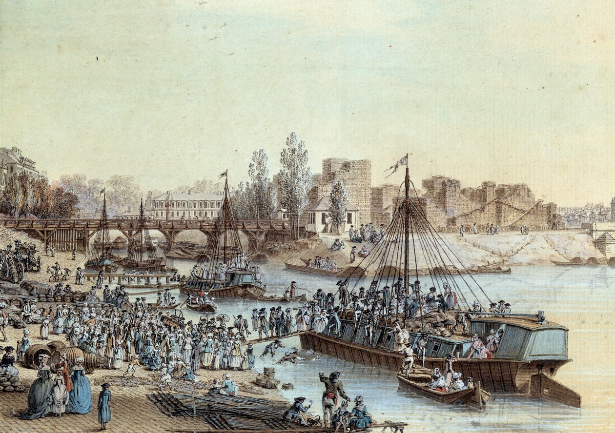 Wysyłka Statkiem załadowani pasażerowie przybywający do doku. Rysunek Louis de Lespinasse (1734-1808) 1782. Paryż, Musee Carnavalet autorstwa Louis Nicolas de Lespinasse