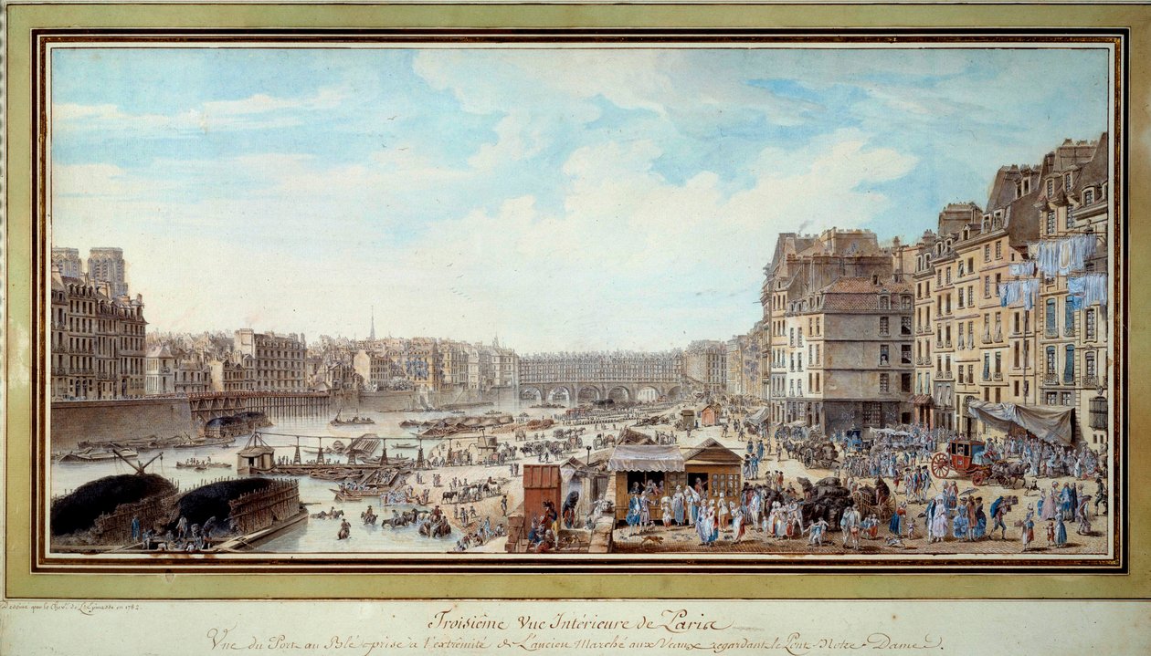 Widok portu na wieloryba z ówczesnej starej Marche aux veaux w kierunku mostu Notre-Dame w Paryżu Akwarela Louisa Nicolasa de Lespinasse (1734-1808). 1782. Paryż, Musee Carnavalet autorstwa Louis Nicolas de Lespinasse