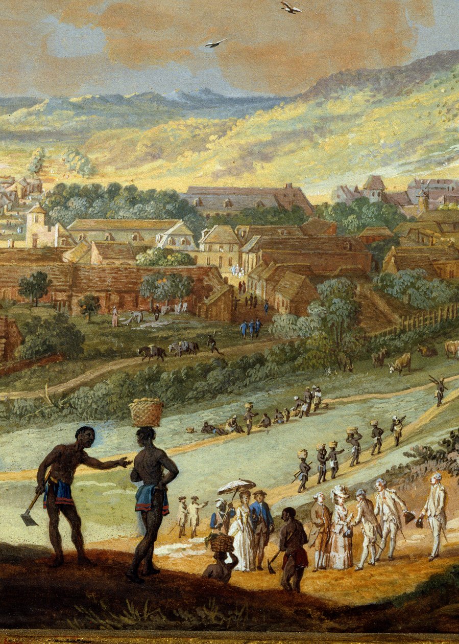 Szczegół: „”Widok na miasto Cape francais (Cap de la Republique) widok na wzgórze w Santo Domingo””Detal. Obraz Louis Nicolas Van Blarenberghe (1716-1794) 1779 La Rochelle, Muzeum Nowego Świata. autorstwa Louis Nicolas van Blarenberghe