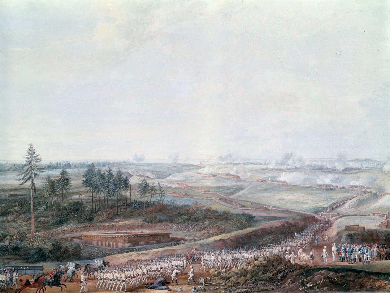 Wojna o niepodległość Stanów Zjednoczonych: Bitwa o Yorktown (lub York Town) 19.10.1781, szczegóły autorstwa Louis Nicolas van Blarenberghe