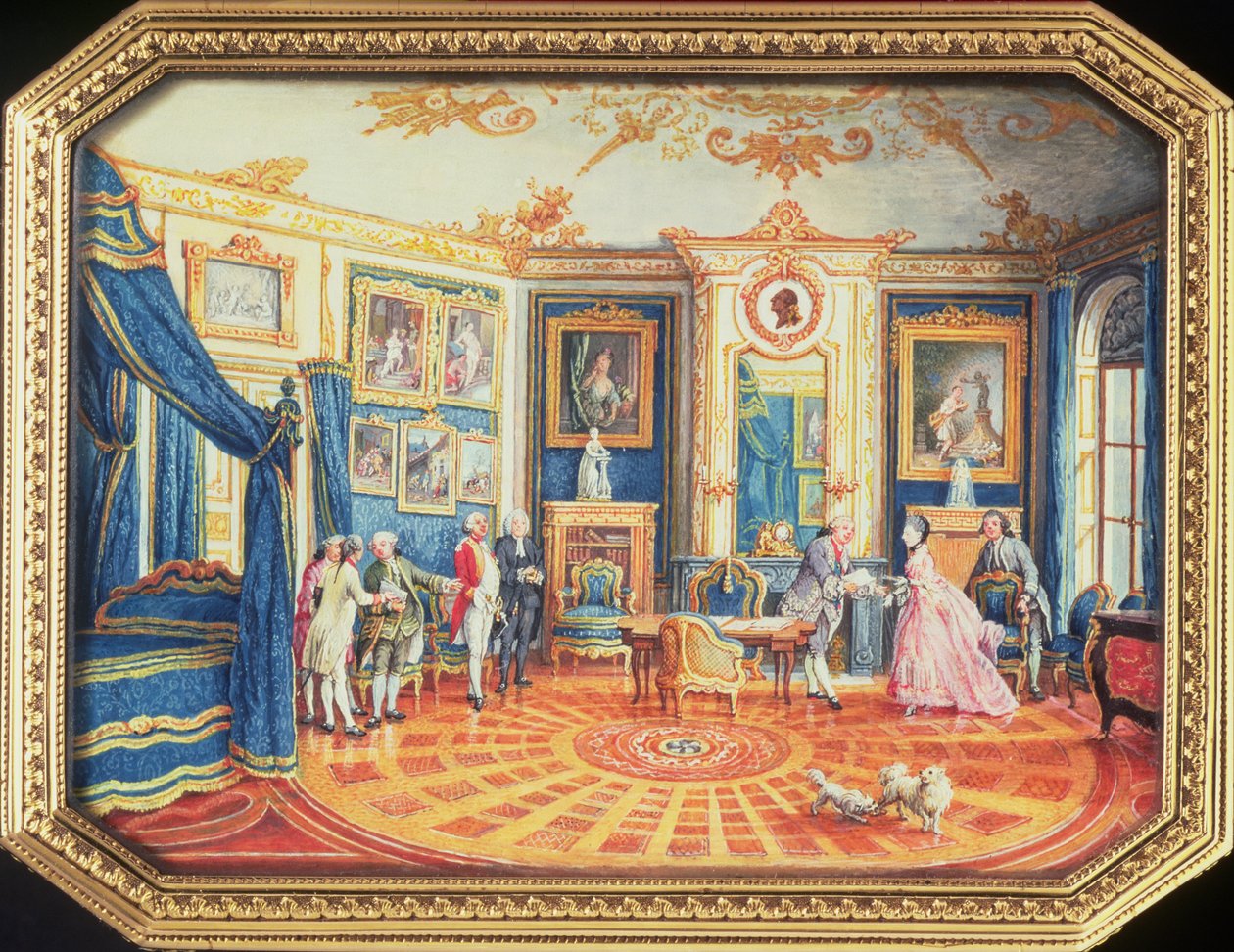 Pokrywka tabakierki Louisa Roucela (zm. 1787) przedstawiająca pokój w zimowym umeblowaniu w hotelu de Choiseul, ok. 1770 (emalia) autorstwa Louis Nicolas van Blarenberghe