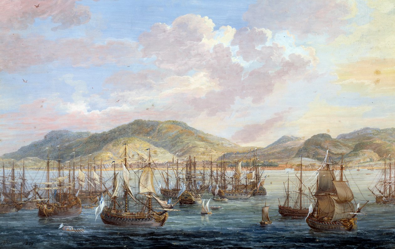 Widok na miasto Cape francais (Cap de la Republique) widok na morze w Santo Domingo szczegółów. Obraz Louis Nicolas Van Blarenberghe (1716-1794) 1779 La Rochelle, New World Museum - Widok miasta Czapki Francuskiej (Cap de la Republique), morze vi autorstwa Louis Nicolas van Blarenberghe
