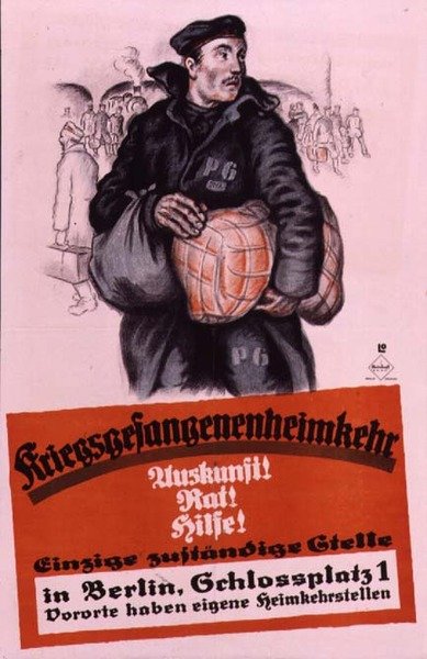 Niemiecki plakat informujący powracających jeńców wojennych, gdzie udać się po pomoc autorstwa Louis Oppenheim