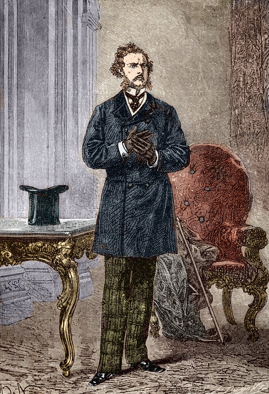 Retrato de Phileas Fogg, personagem de Le tour du monde en oitenta dias”” romance de aventuras de Júlio Verne ilustrado por Louis Paul Pierre Dumont (1822-1882) em 1872 (Phileas Fogg do frontispício de “A Volta ao Mundo em Oitenta Dias” ” de Júlio Verne (1 autorstwa Louis Paul Pierre Dumont
