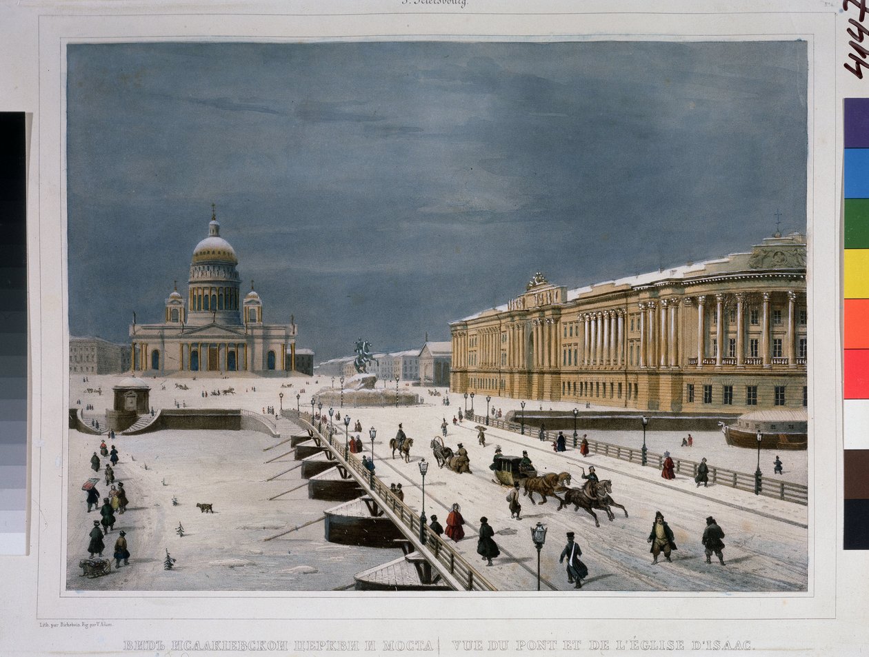 Sobór św. Izaaka i Plac Senacki w Sankt Petersburgu. Rysunek Louis Pierre Alphonse Bichebois (Louis-Pierre-Alphonse) (1801-1850). Litografia barwiona akwarelą, autorstwa Louis Philippe Alphonse Bichebois