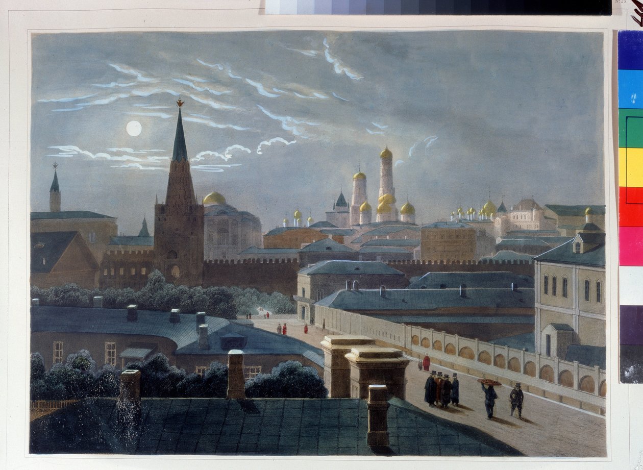 Widok na Kreml moskiewski. Rysunek Louis Pierre Alphonse Bichebois (1801-1850). Litografia kolorowana akwarelą, ok. 1830-1840, sztuka francuska, klasycyzm. Muzeum Pamięci A. Puszkina, Sankt Petersburg. ©FineArtImag autorstwa Louis Philippe Alphonse Bichebois