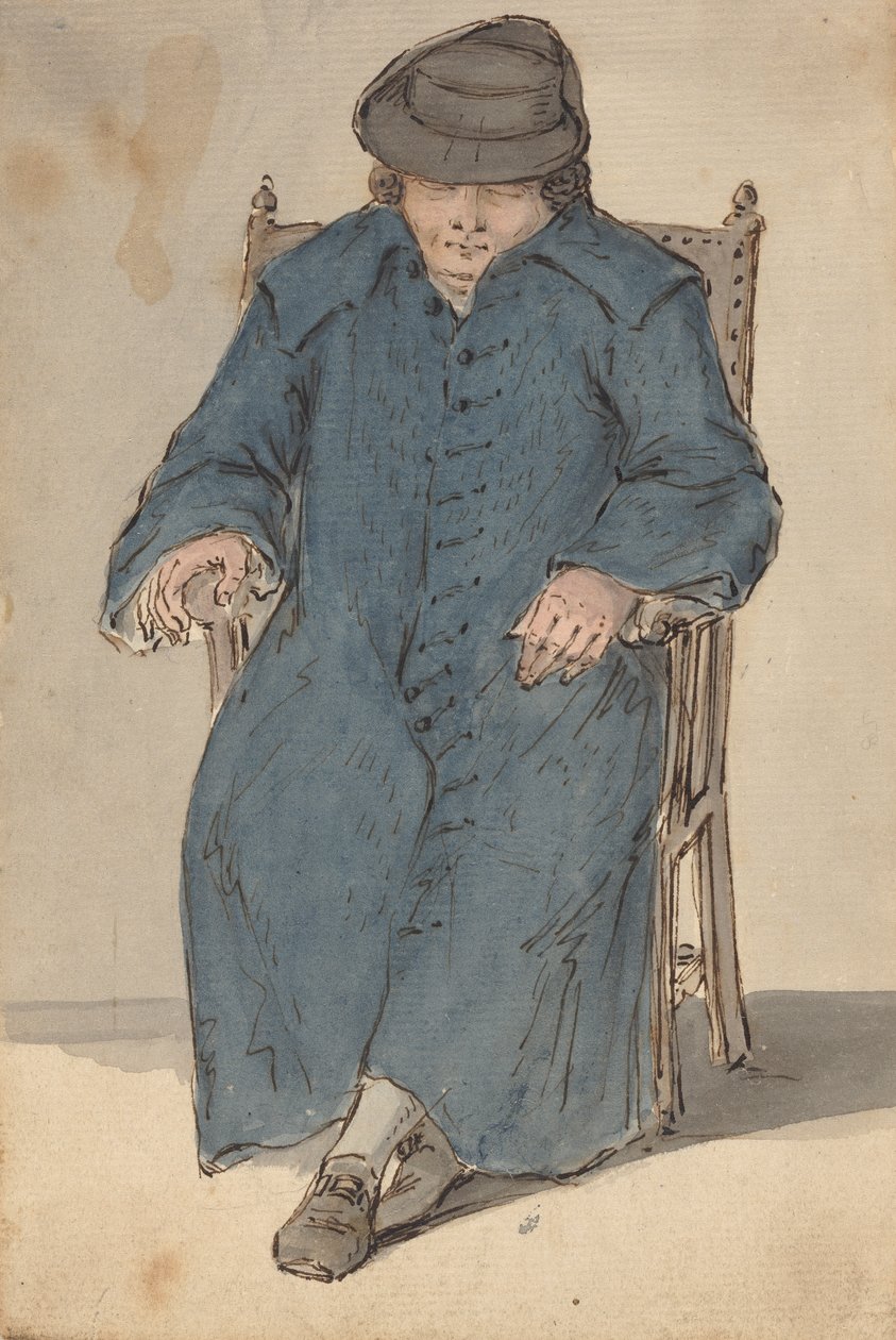 Mężczyzna śpi w długim niebieskim płaszczu autorstwa Louis Philippe Boitard