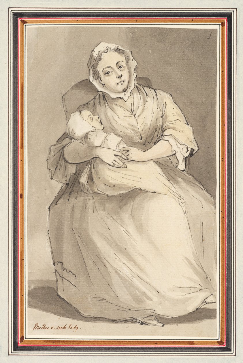 Siedząca kobieta i dziecko (ołówek, długopis i tusz oraz akwarela na papierze) autorstwa Louis Philippe Boitard