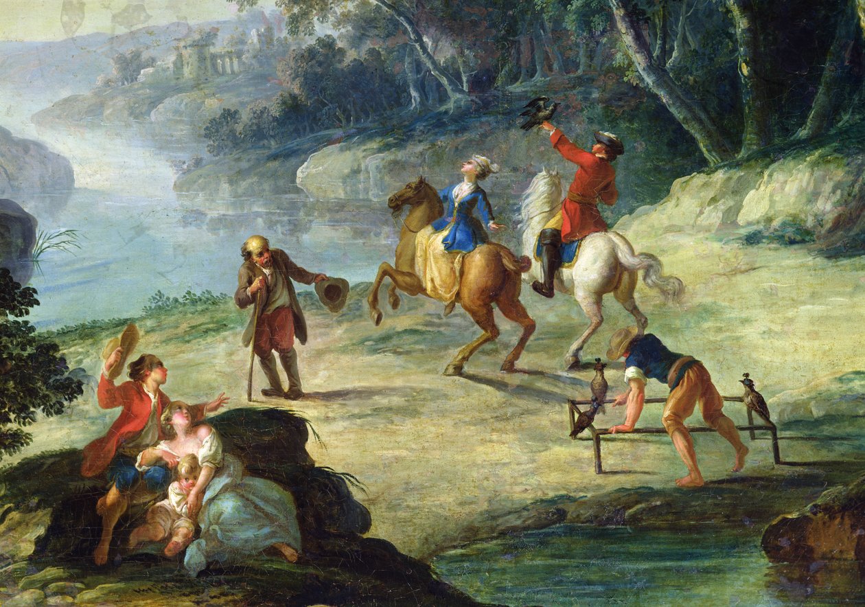 Polowanie z sokołami, detal przedstawiający jeźdźca i sokolnika olej na płótnie autorstwa Louis Philippe Crepin
