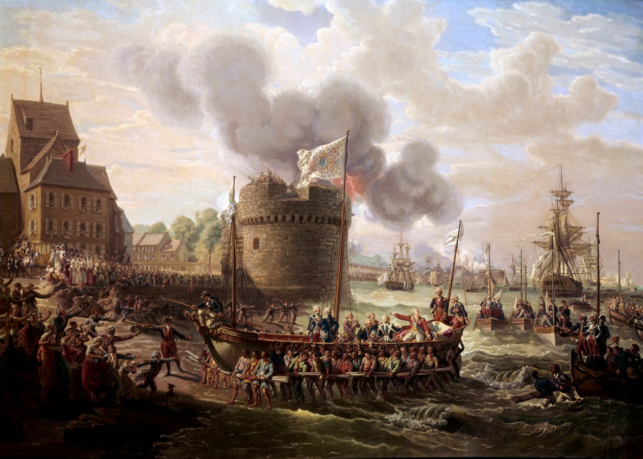 Król Ludwik XVI odwiedza dzieła portu w Cherbourgu 23.06.1786 r. Obraz Ludwika Filipa Crepina (1772-1851) 1786 Paryż, Musee du Louvre. autorstwa Louis Philippe Crepin