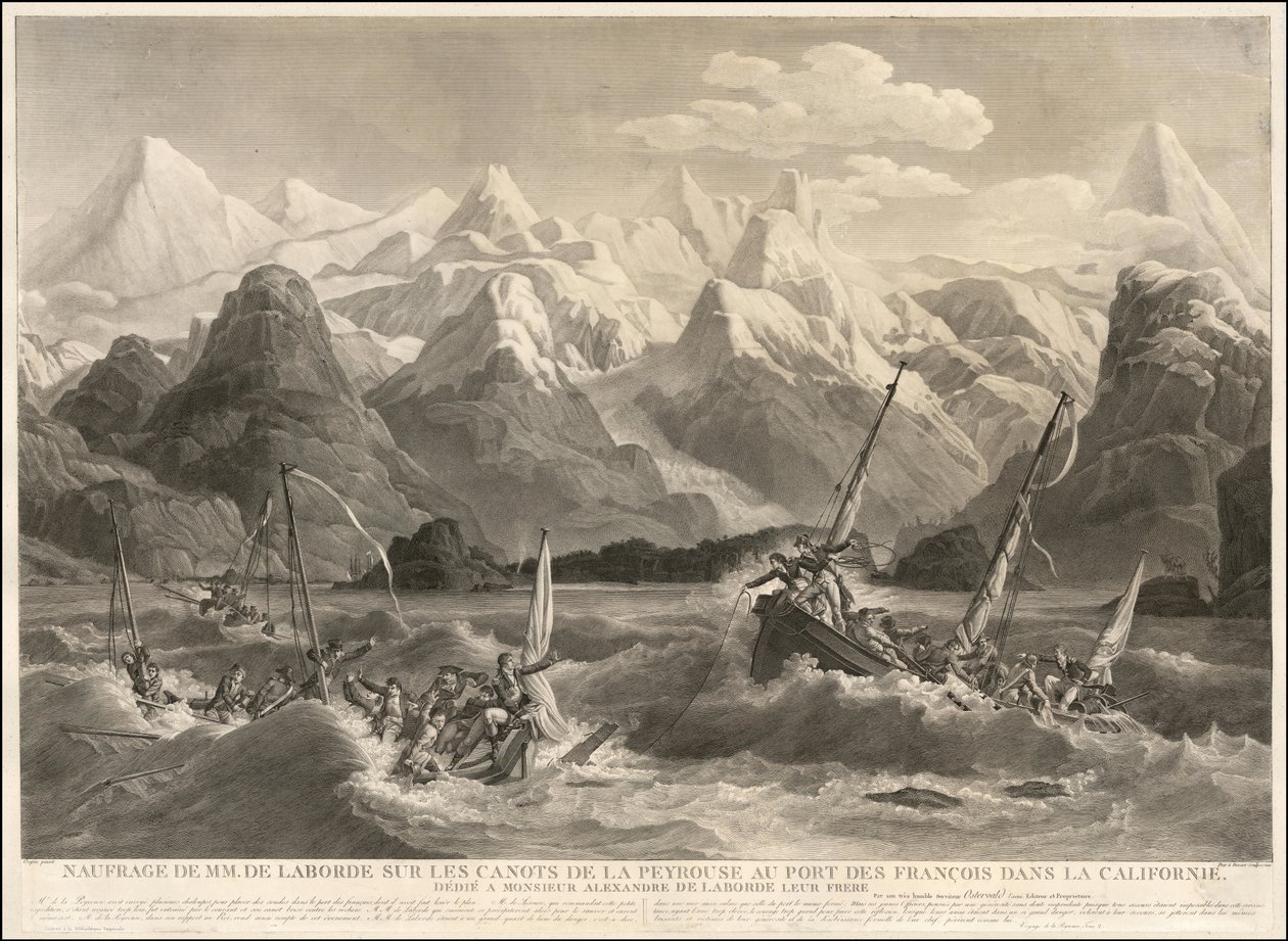 Rycina z 1786 r. przedstawiająca wrak dwóch małych łodzi, które były częścią ekspedycji La Perouse. autorstwa Louis Philippe Crepin