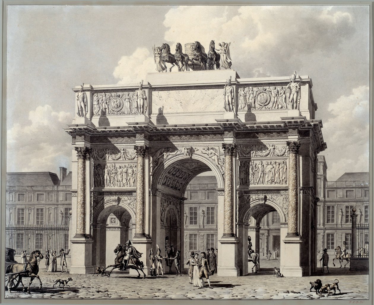 Widok na łuk triumfalny karuzeli w Paryżu. Rysunek piórem i tuszem z wash przez Pierre Louis Balard (1764 - 1846) autorstwa Louis Pierre Baltard