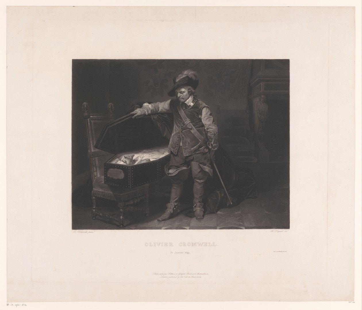 Oliver Cromwell przy trumnie Karola I, króla Anglii Olivera Cromwella. 30 stycznia 1649 (tytuł na obiekcie) autorstwa Louis Pierre Henriquel Dupont