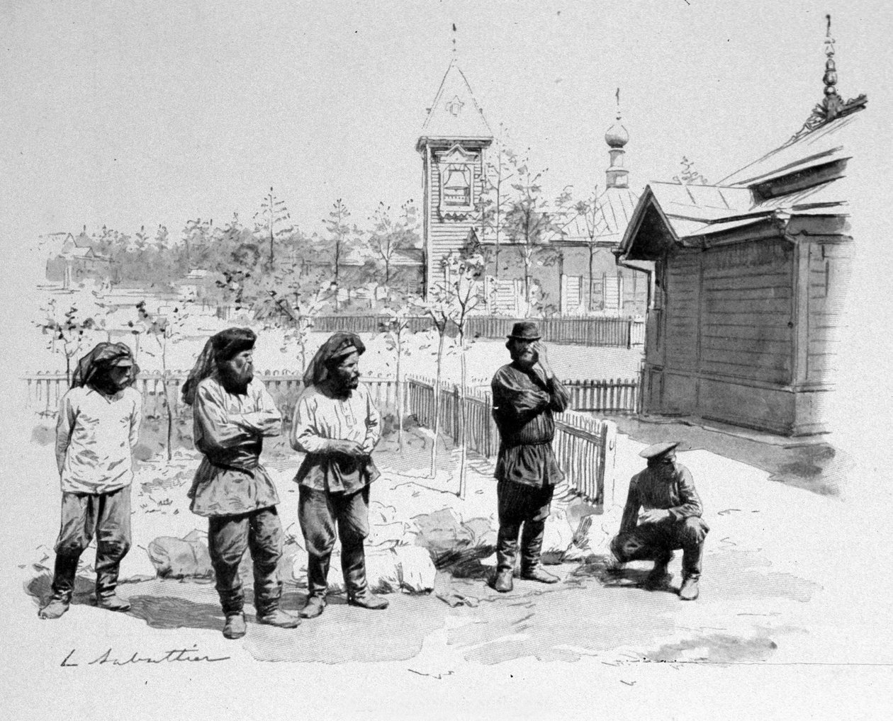 Chłopi z małej rosyjskiej wioski z moskitierą na twarzy i dworcem transsyberyjskim. 1913. Zdj. de Sabatier autorstwa Louis Remy Sabatier