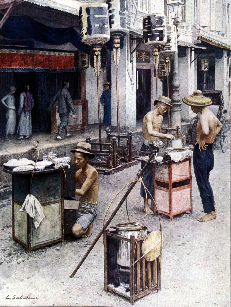 Mobilne restauracje w Chinatown w Singapurze. Ilustracja: L. Sabatier. 19 wiek. autorstwa Louis Remy Sabattier