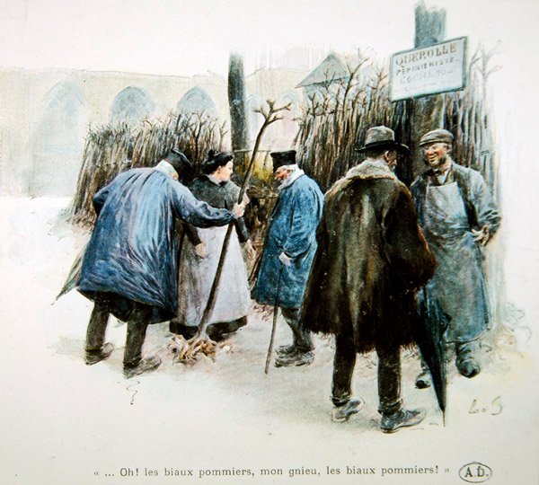 Szkółkarze i szkółkarki zachwalający wspaniałe jabłonie Normandii autorstwa Louis Remy Sabattier