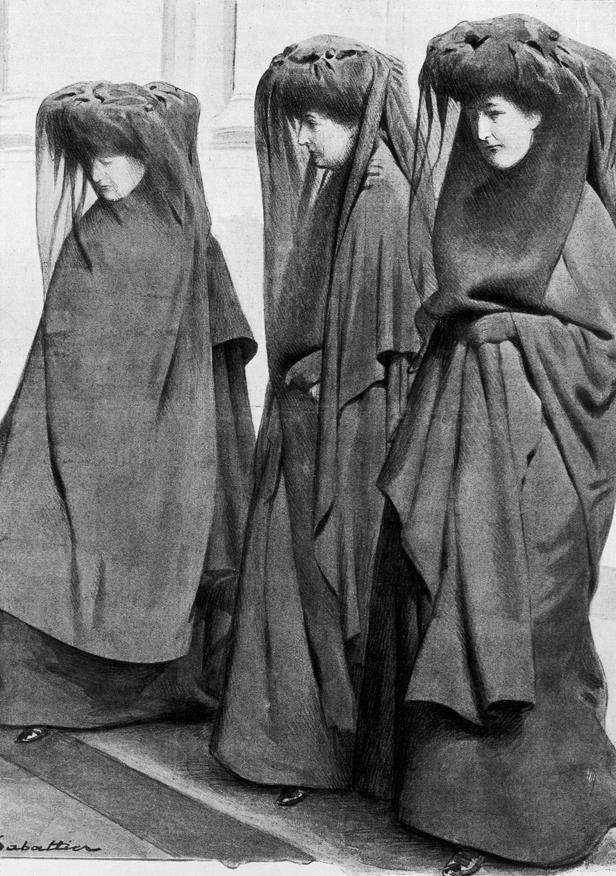 Księżniczki Louise, Stephanie i Clementine z Saksonii Cobourg (Saxe-Cobourg) w żałobie podczas pogrzebu swojego ojca króla Belgii Leopolda II (1835-1909) w grudniu 1909. Ilustracja Louis Remy Sabattier (1863-1935) autorstwa Louis Remy Sabattier