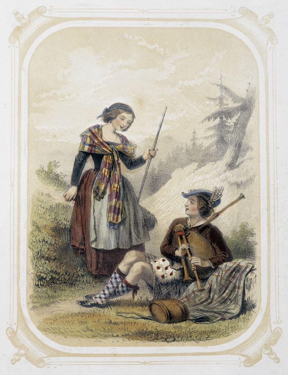 Para w Szkocji - w „Albumie młodego podróżnika””, ilustracja Louis Lassalle autorstwa Louis Simon Lassalle