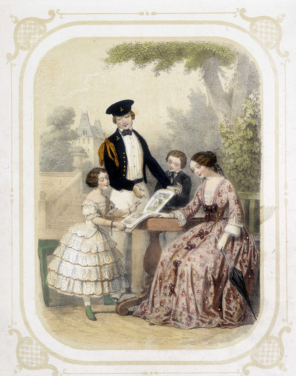 Rodzina wokół księgi obrazów - w „Albumie du jeune voyageur”, ilustracja Louis Lassalle autorstwa Louis Simon Lassalle