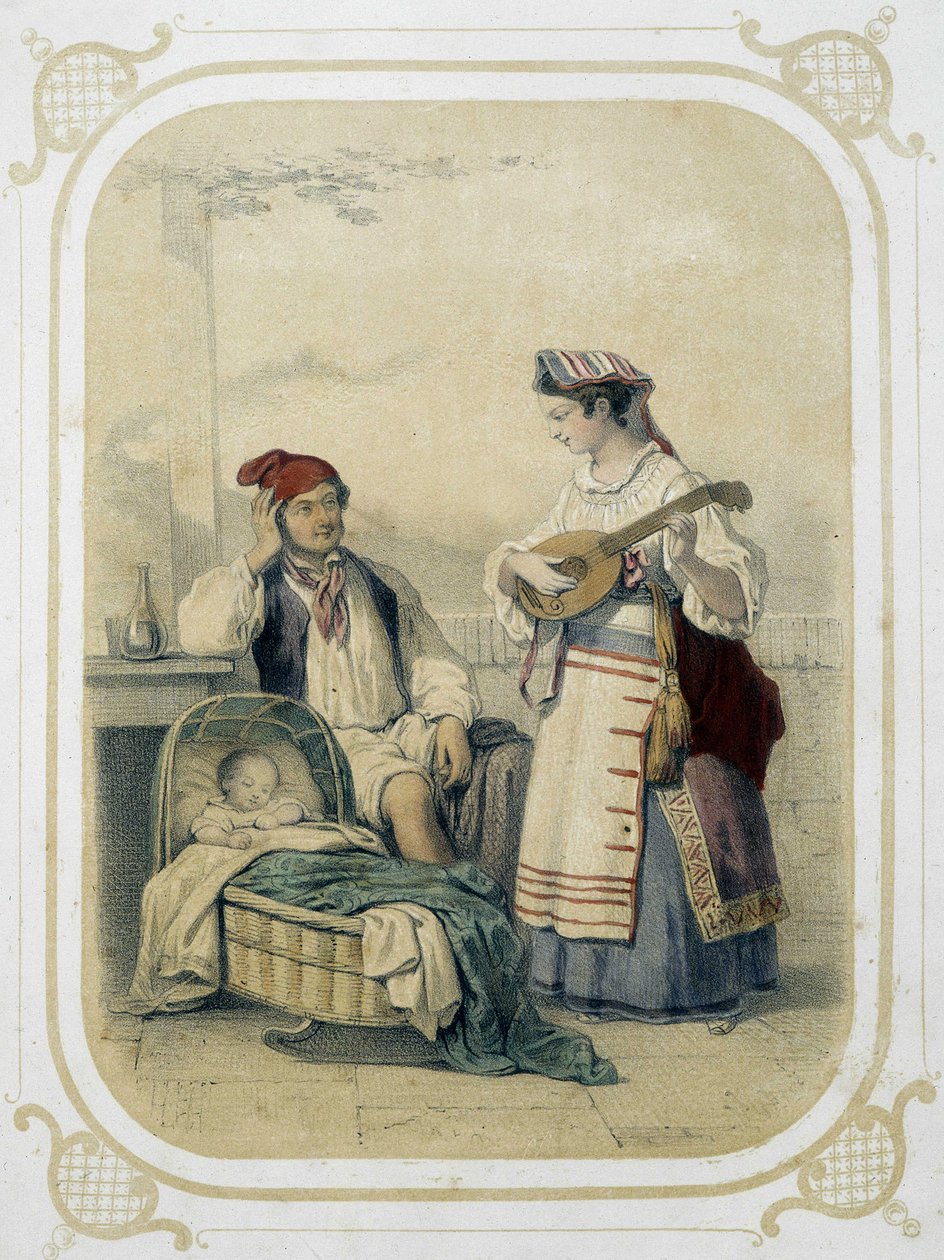 Rodzina w Królestwie Neapolu, Włochy - w „Album du jeune voyageur”, ilustracja Louis Lassalle autorstwa Louis Simon Lassalle